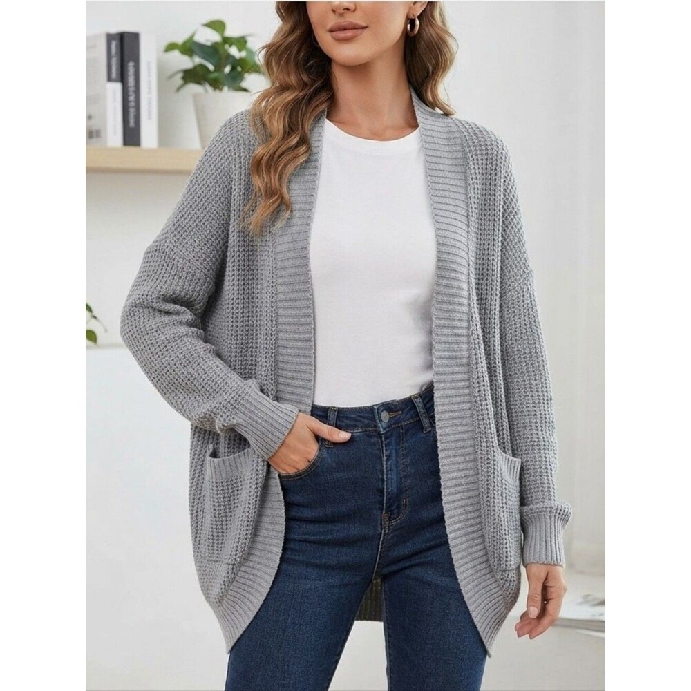 Shein Fashion Lune Dual Pocket Drop Shoulder Cardigan Women's Gray Size Small